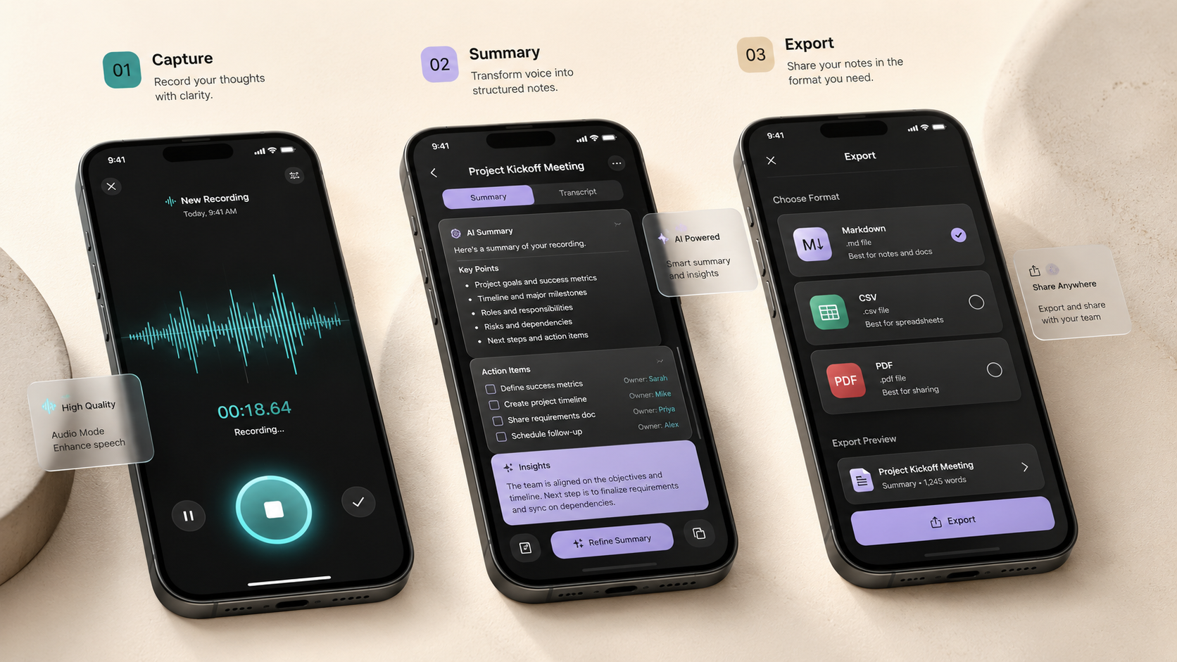 iPhone screens showing capture, summary, and export in one continuous workflow
